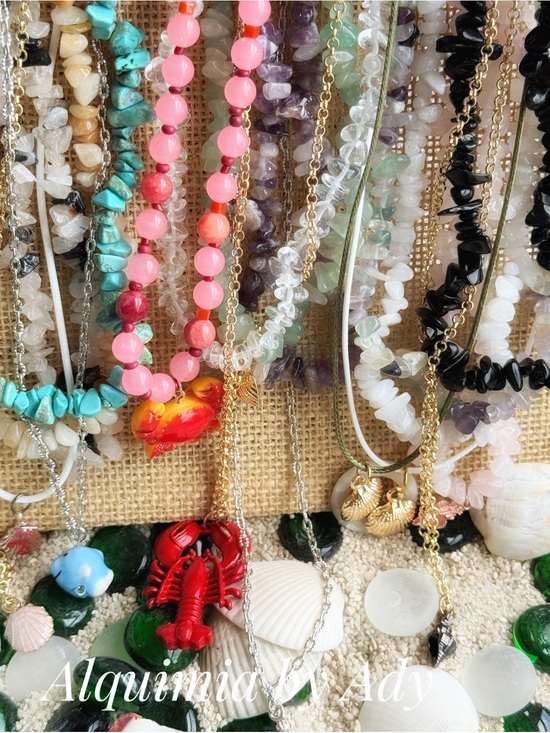 Alquimia Jewelry - Pink and Turquoise Beaded Gemstone Necklace with SEASIDE Lobster Charms